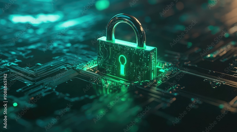 Poster a close-up shot of a futuristic digital padlock with glowing green circuit lines, symbolizing advanc
