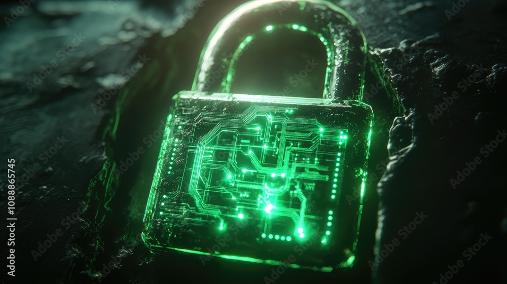 Poster a close-up shot of a futuristic digital padlock with glowing green circuit lines, symbolizing advanc