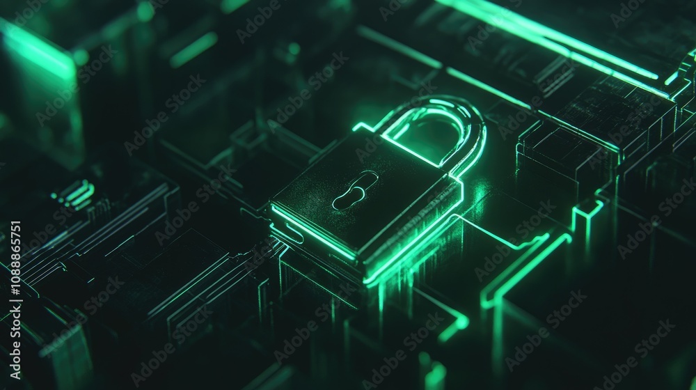 Poster a close-up shot of a futuristic digital padlock with glowing green circuit lines, symbolizing advanc