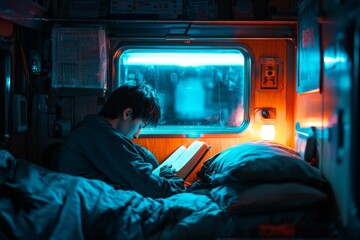 Cozy photo of a solo traveler in a modern sleeper train cabin, illuminated by a warm reading lamp during a nighttime journey in the 2030s