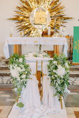 Wedding decorations, wedding flowers, wedding full of flowers, church, wedding ceremony, flower arrangements on chairs