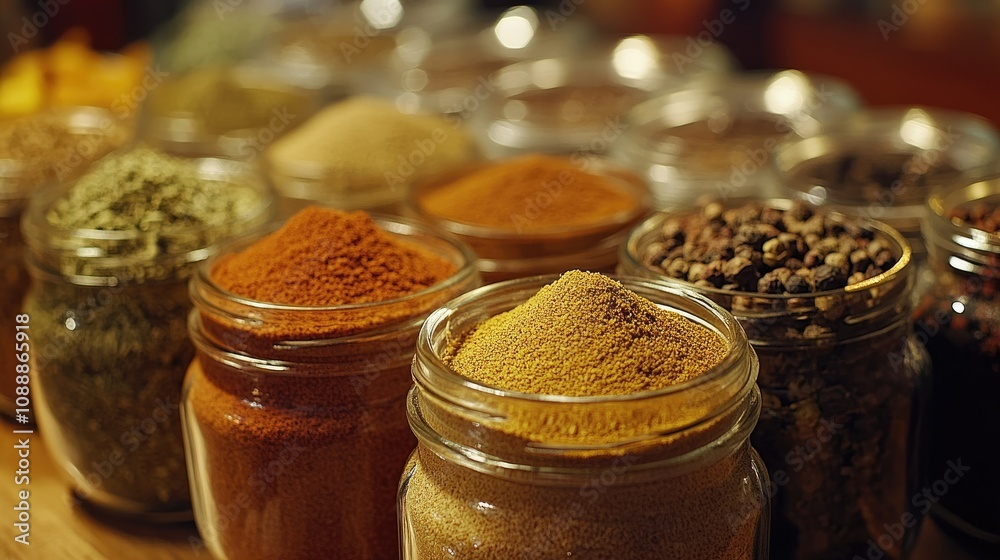 Poster a close-up shot of various spices in clear glass jars, displayed on a wooden table, creating a warm 