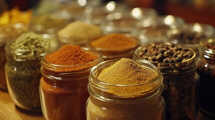 A close-up shot of various spices in clear glass jars, displayed on a wooden table, creating a warm and inviting scene for cooking, food preparation, or spice-related marketing