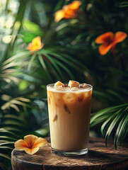 Iced coffee with milk in a glass on a wooden table with a tropical flower in the foreground.