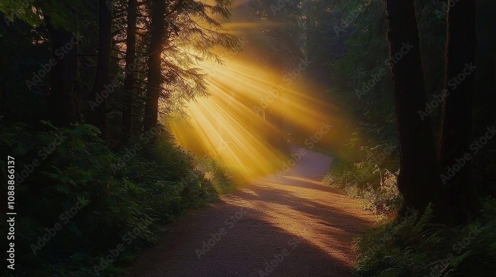 Poster forest path at dawn with light beams