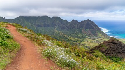 Hiking trail overlooking lush valley and ocean.
