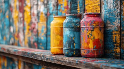 Fototapeta premium Colorful Paint Jars on Rustic Shelf Against Vibrant Wooden Wall Showcasing Artistic Textures and Bold Hues for Creative and Craft Projects