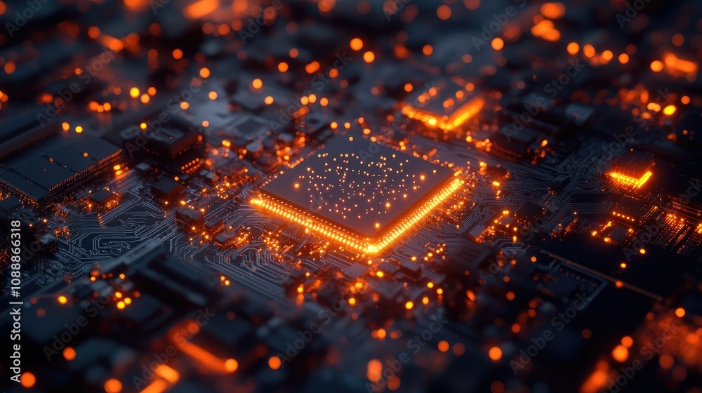 Poster A detailed shot of a microprocessor surrounded by glowing connections on a circuit board, highlighting advanced tech and electronic engineering in a futuristic style