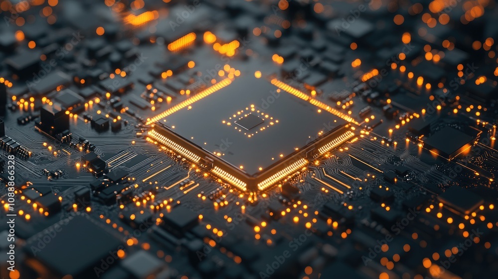 Poster A detailed shot of a microprocessor surrounded by glowing connections on a circuit board, highlighting advanced tech and electronic engineering in a futuristic style