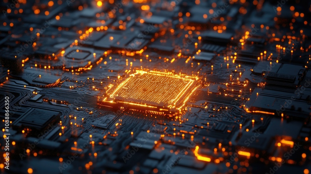 Poster A detailed shot of a microprocessor surrounded by glowing connections on a circuit board, highlighting advanced tech and electronic engineering in a futuristic style