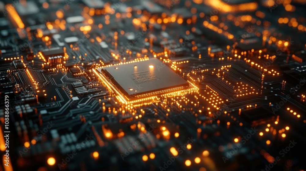 Poster A detailed shot of a microprocessor surrounded by glowing connections on a circuit board, highlighting advanced tech and electronic engineering in a futuristic style