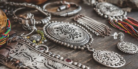 Obraz premium A close-up of intricately designed Mapuche silver jewelry, featuring traditional patterns and cultural symbolism of the indigenous people of Chile.