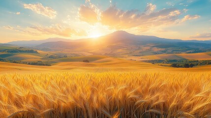 Golden Wheat Field Under a Breathtaking Sunset with Majestic Mountains in the Background on a Serene Countryside Landscape