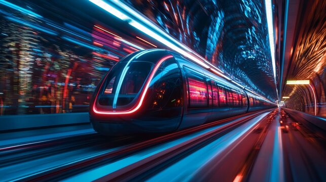 Futuristic hyperloop capsule speeding through a transparent tunnel in 2040, illuminated by glowing neon lights reflecting technological innovation