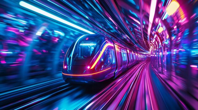 Futuristic hyperloop capsule speeding through a transparent tunnel in 2040, illuminated by glowing neon lights reflecting technological innovation