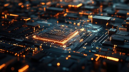 Obraz premium A microprocessor embedded on a circuit board with glowing, interconnected pathways, symbolizing the future of digital technology and innovation in electronics