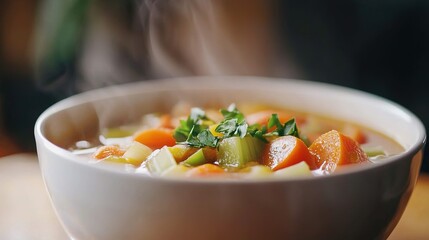 Warm and nourishing vegetable soup recipe home kitchen food photography cozy atmosphere close-up wellness focus