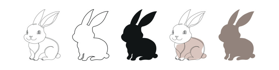 Fototapeta premium Set of Rabbits isolated on a white background. Includes black silhouette, outline, continuous one line drawing and colored versions. Concept of animal, Easter Bunny, Cute hare, pet, design elements