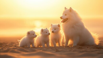 Fototapeta premium A Samoyed mother and her three puppies play together on the sandy shore, framed by the soft, golden hues of a sunset. Perfect for family-oriented or pet-themed content