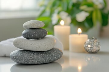 Spa product display featuring stones, candles, towel, and ceramic stand in blurred bathroom setting