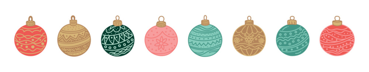 Set of various colorful Christmas ornaments with intricate patterns and designs on a white background. Concept of holiday decorations, baubles, festive design, Christmas balls, and craft templates