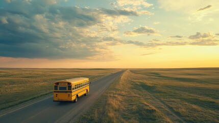 Fototapeta premium A solitary yellow school bus drives along a quiet highway in the Great Plains, bathed in the soft light of a sunset, with dramatic skies and warm hues creating a sense of peace and isolation