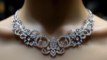 Exquisite Silver Necklace with Intricate Floral Design and Sparkling Diamonds Ideal for Fashion, Jewelry Advertisement, and Luxury Lifestyle Content