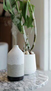 The cold steam is flowing up from the oil aroma diffuser and houseplants on table. Modern air humidifier device at workplace. Space for text, vertical shot. Aromatherapy Concept.