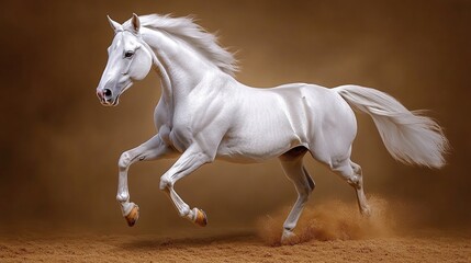 Obraz premium A majestic white horse galloping gracefully across a sandy surface.