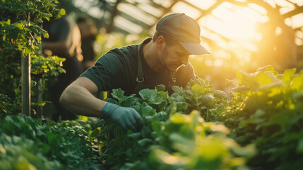 A man is working in a greenhouse, tending to the plants