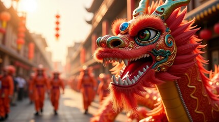 Fototapeta premium Colorful dragon dance performance in a vibrant street during a festive celebration in an ancient city