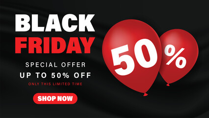 Black Friday sale special offer 50% off black luxury background with red balloons and serpentine