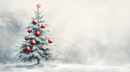 Symbolic winter wonderland showcases a snow-covered Christmas tree adorned with vibrant red ornaments, evoking warmth and joy amidst the chilly atmosphere of the holiday season