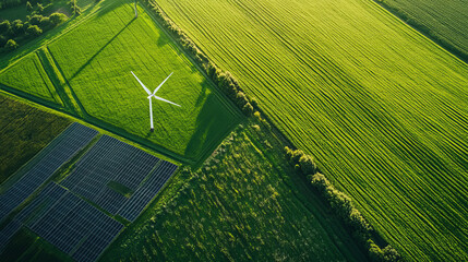 Wind turbines and solar panels in a green field provide clean energy.  These are important for a...