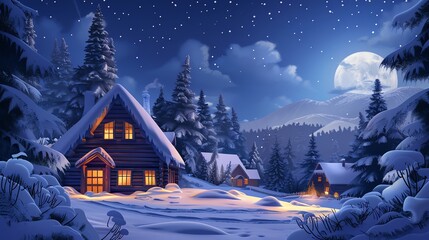 Fototapeta premium A cozy cabin in the woods with snow falling.