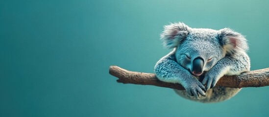 Obraz premium A cute koala sleeping on a branch against a serene blue background.