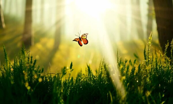 Beautiful natural atmospheric image of spring or summer morning forest with sunbeams breaking through and butterfly in wild grass