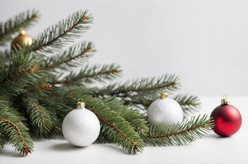 Holiday Season Christmas Fir Branches and Ornaments on White Background