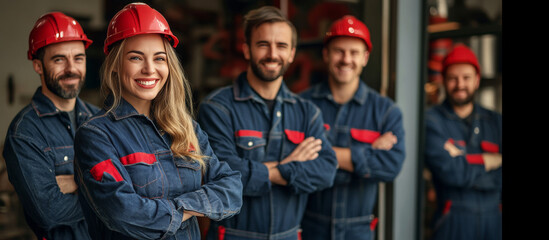 A group of workers wearing blue and red safety gear are smiling for the camera
