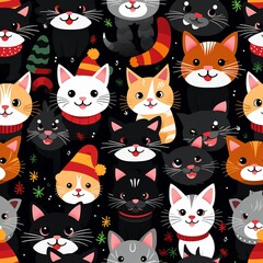 seamless pattern drawing positive cats in funny hats, positive background with kittens