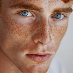 detailed close-up of a young man with freckles and blue eyes looking into the camera with a white accent, text area, png