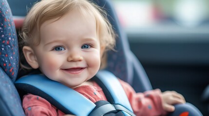 A joyful toddler beams with happiness during a car ride, safely secured in a child seat. Sunlight filters in, highlighting bright eyes and an infectious smile.