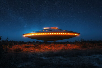 Fototapeta premium Glowing UFO hovering above a field at night, casting an orange glow on the ground, set against a starry sky.