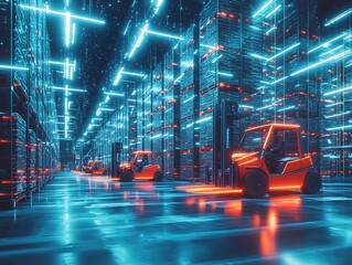 Futuristic Digital Twin Warehouse with Holographic Inventory Tracking and Virtual Forklifts