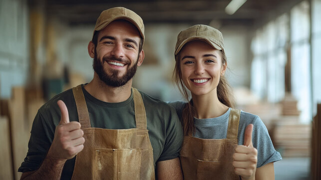 A man and a woman are smiling and giving thumbs up