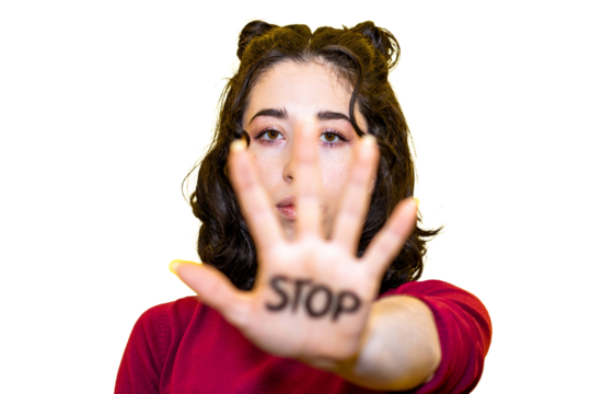 Woman with "STOP" on Hand Against Gender Violence.