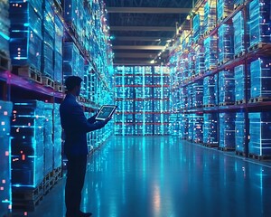 Futuristic Logistics Manager Overseeing Automated Warehouse with Holographic Tablet