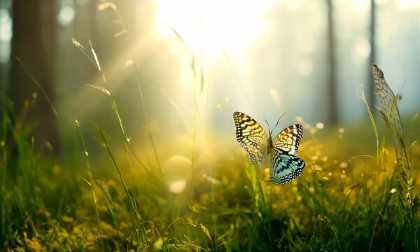 Beautiful natural atmospheric image of spring or summer morning forest with sunbeams breaking through and butterfly in wild grass