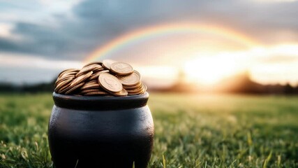 Pot of Gold Coins on Grass, rainbow shining 
