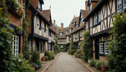 Naklejka premium A row of charming half-timbered houses lining a narrow cobblestone street in a quaint English village